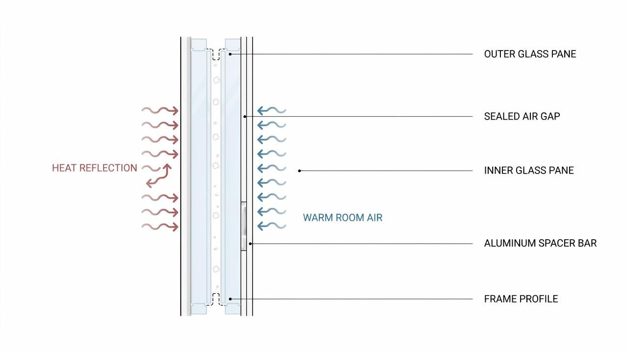 Double glazing system with two panes and insulated air gap.