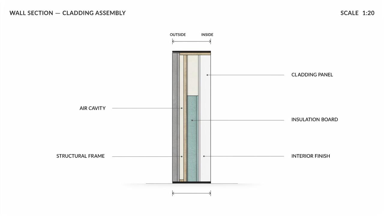 Diagram showing cladding as an outer protective layer on a building wall.