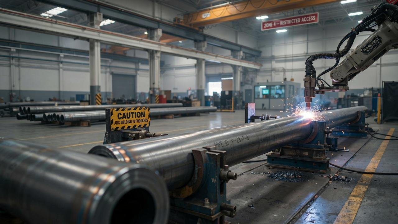 Industrial weld overlay cladding process applying a protective metal layer to a steel component in a manufacturing facility.
