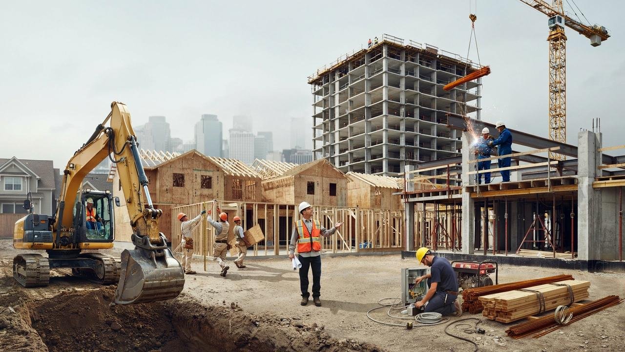 Construction workers using heavy equipment on commercial and residential job sites.