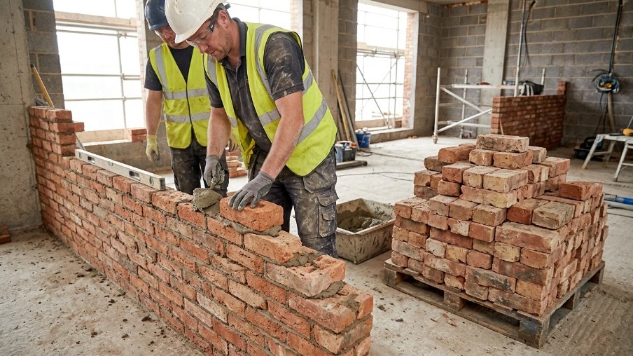 Common bricks used for structural construction with rough surfaces and practical building purpose.