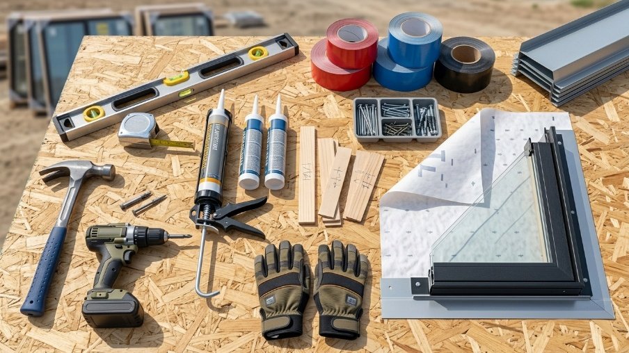 Essential tools and materials needed for installing new construction windows including measuring tools, flashing, sealants, and fasteners.
