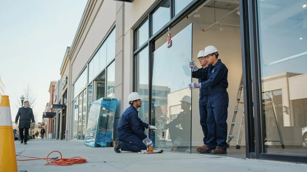 Modern storefront with various glass types being professionally replaced.