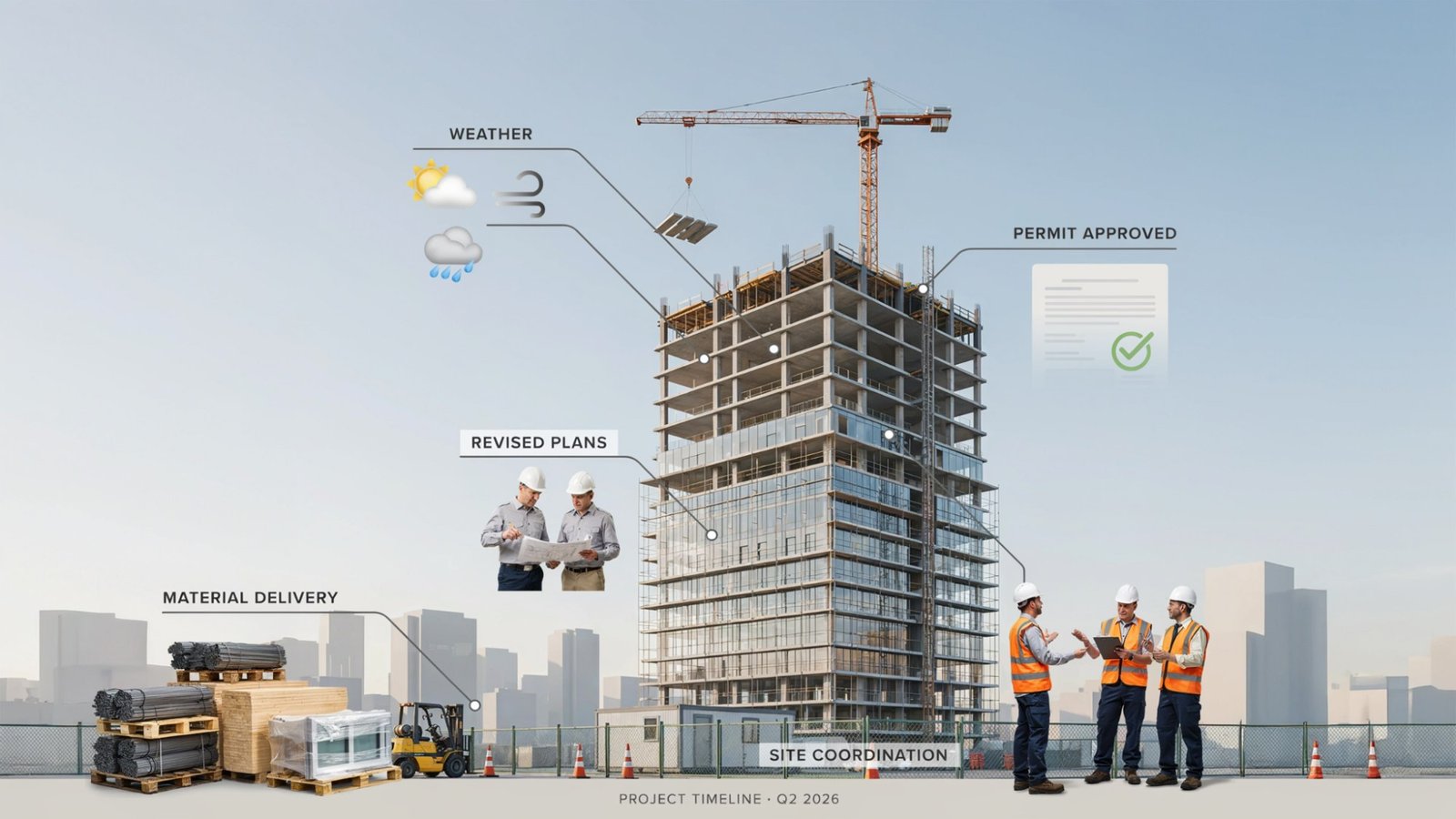 Visual representation of factors like weather, permits, materials, and design changes affecting the home building timeline.