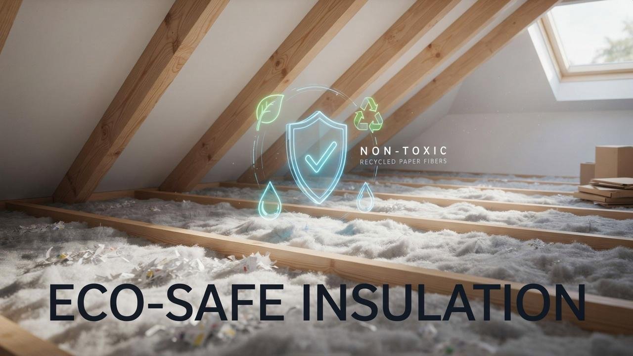 Attic with cellulose insulation showing safety shield and eco-friendly materials