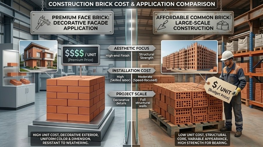 Cost difference between expensive face bricks and budget-friendly common bricks.