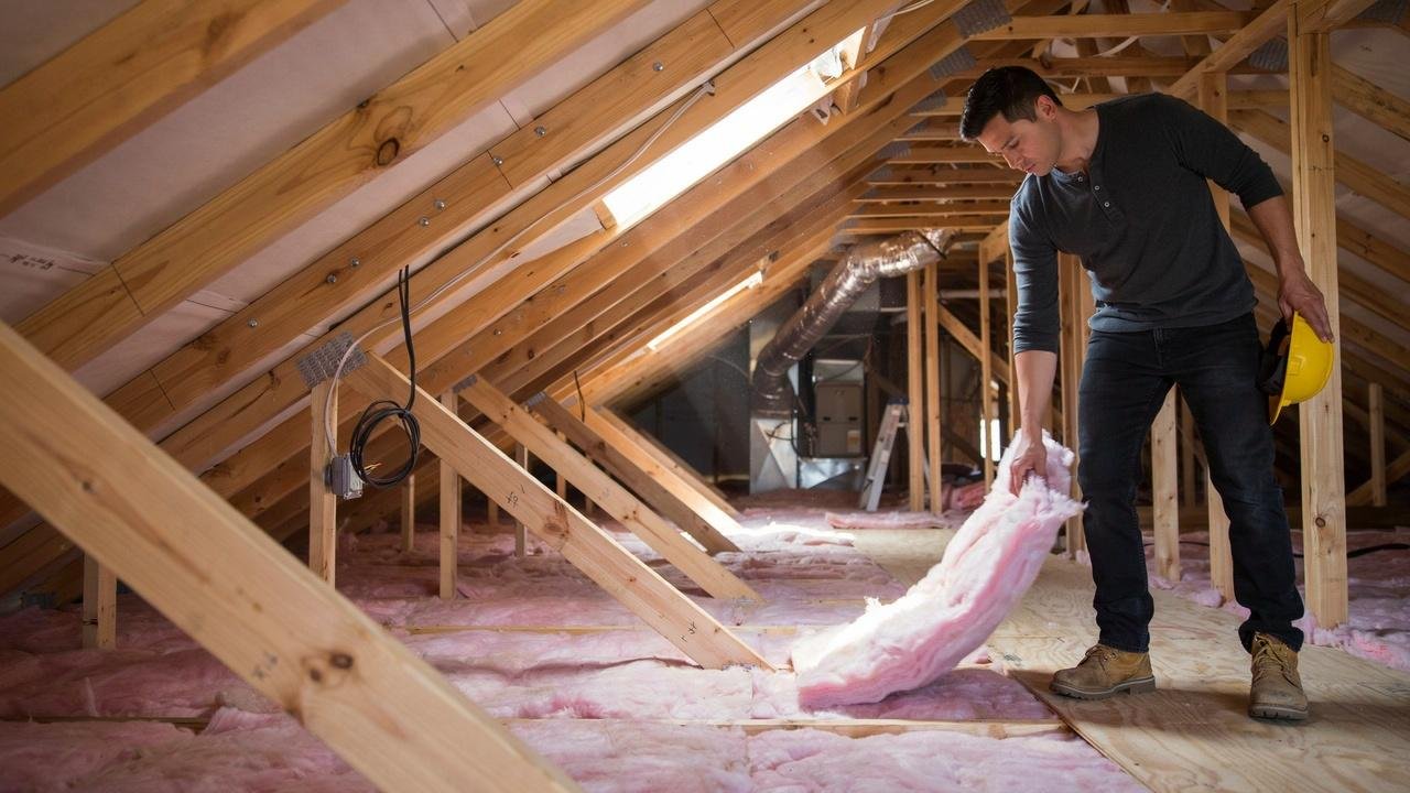 Homeowner inspecting old attic insulation to determine if replacement is needed.