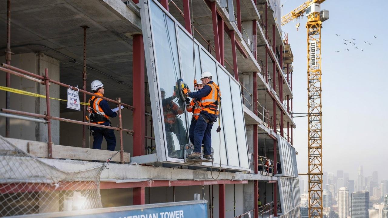 Construction crew installing custom curved facade panels on a modern building.