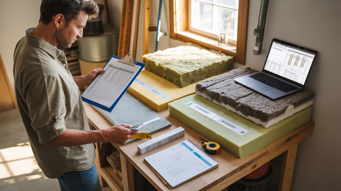 Homeowner comparing insulation costs and long-term energy savings.