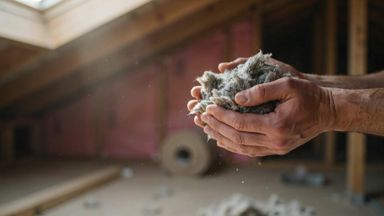 Close-up of cellulose insulation being held by hand.