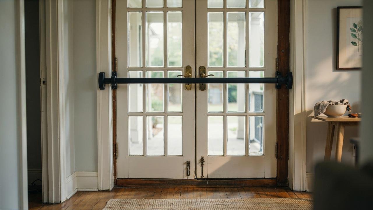 French doors secured with a heavy-duty adjustable security bar.