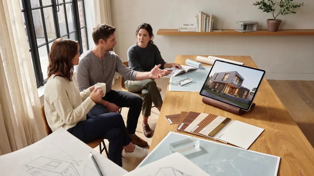 Designing a custom home layout with architects and homeowners.