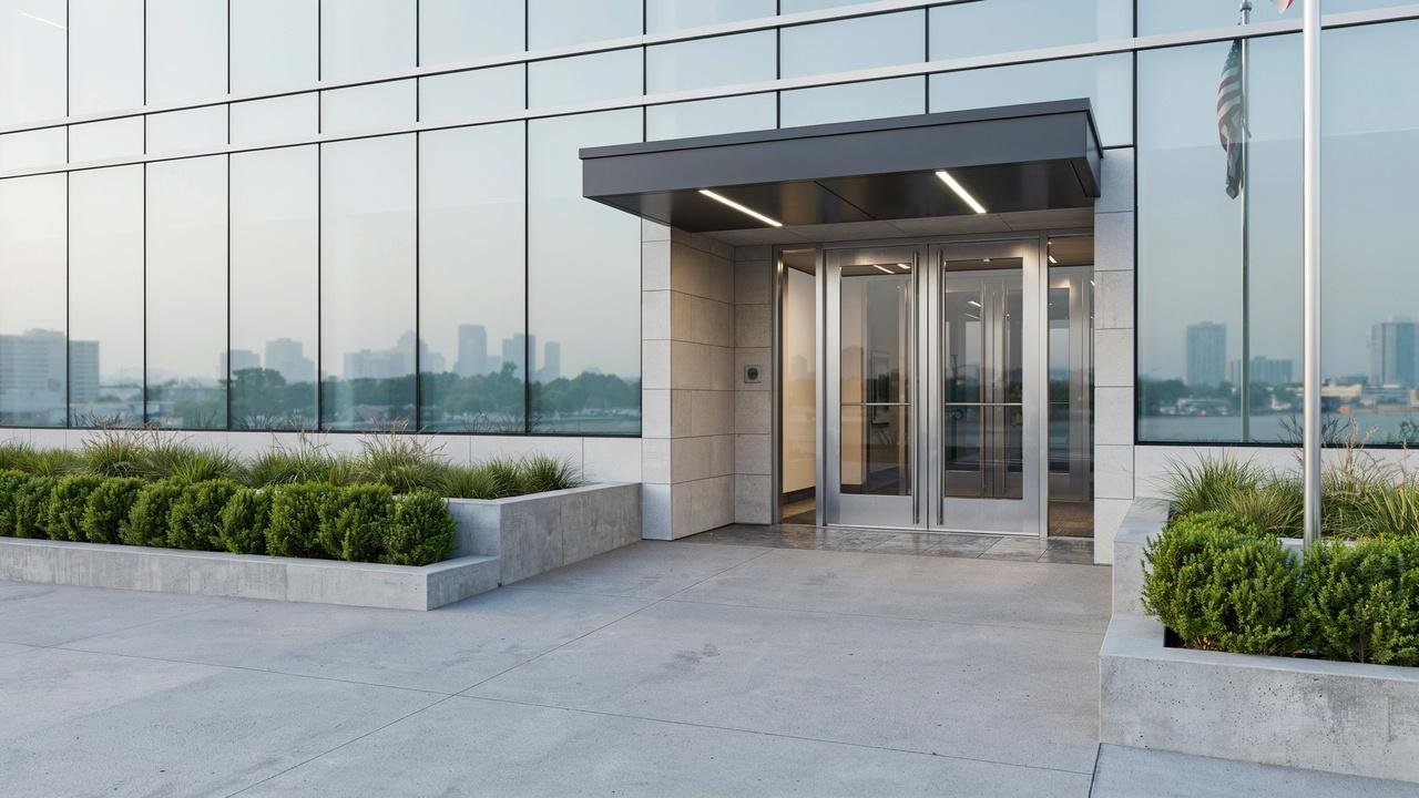 Durable double doors installed at a commercial office entrance.