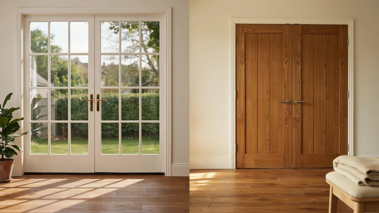 Comparison of French doors and double doors set against wooden floors and white walls.