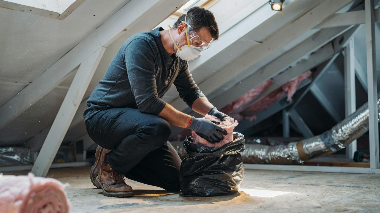 Removing fiberglass batt insulation from an attic.