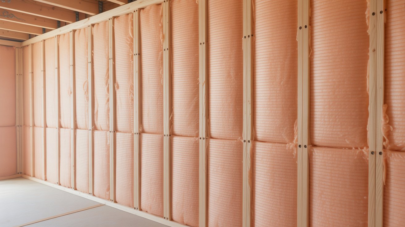 Fiberglass batt insulation installed neatly inside wall cavities.