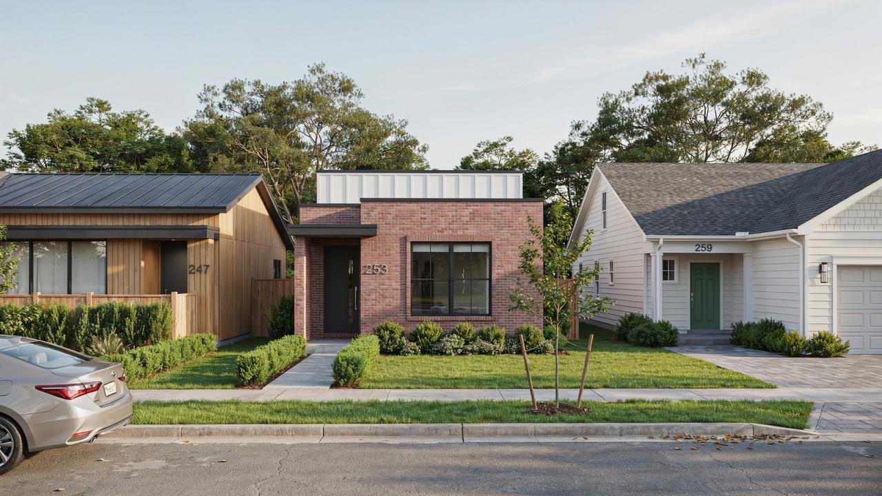 Residential buildings showcasing different cladding materials.