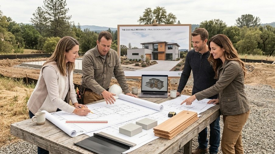Homeowners and professionals discussing custom home plans and design ideas.
