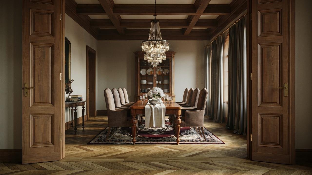 Double doors leading into an elegant formal dining room.