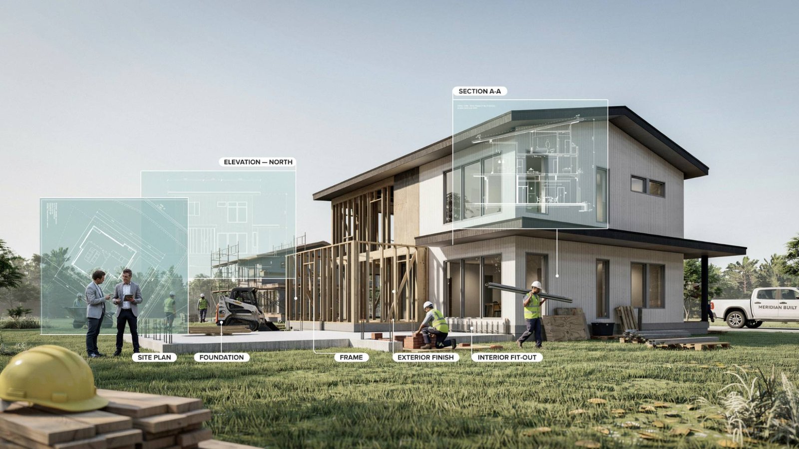 A visual timeline of a modern home construction showing planning, foundation, framing, and finishing stages in a single architectural scene.