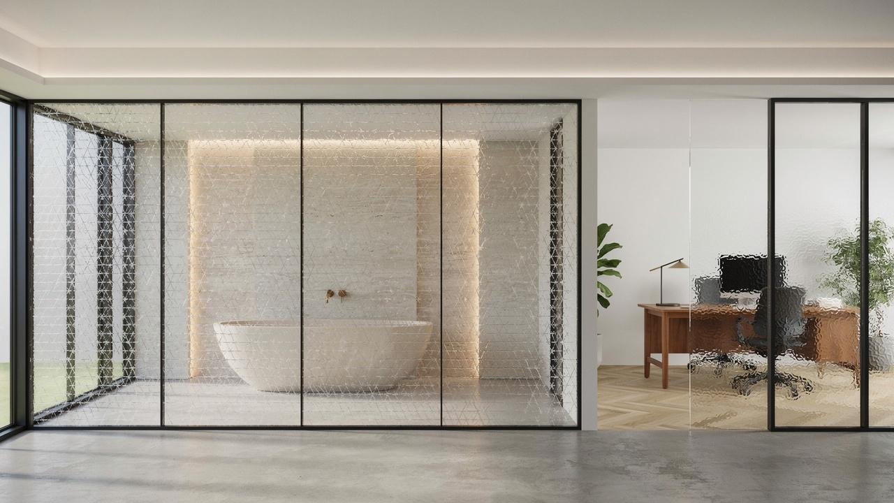 Frosted and patterned glass providing privacy while allowing light through.
