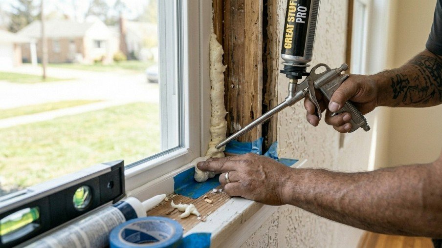 Insulating and sealing gaps around a replacement window to improve energy efficiency.
