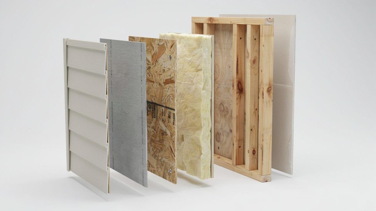 Exploded view showing the layers behind exterior siding from outside to inside.