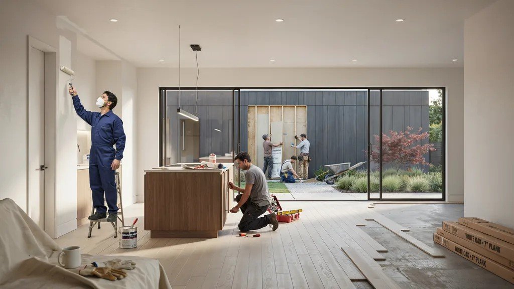 Workers completing interior and exterior finishing work including painting, flooring, and landscaping in a modern house.