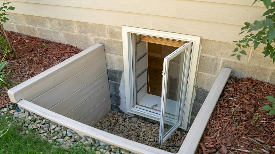 Open casement egress window with prefabricated plastic window well, gravel base, and red mulch landscaping surrounding it.