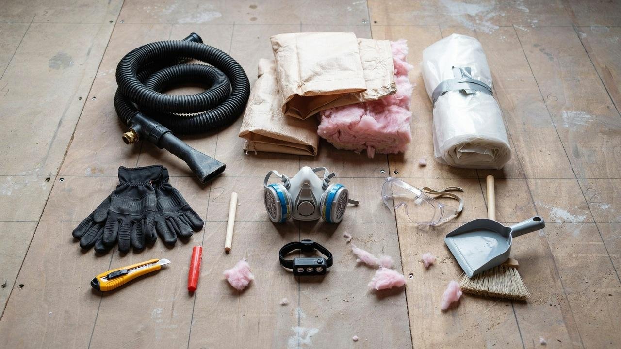 Tools and safety equipment used for attic insulation removal.