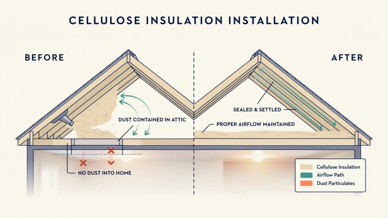 Before and after cellulose insulation installation showing dust only during setup, not after.