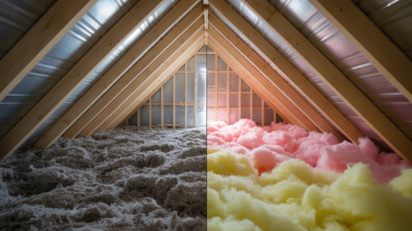 Split-screen comparison of cellulose and fiberglass insulation installed in an attic.