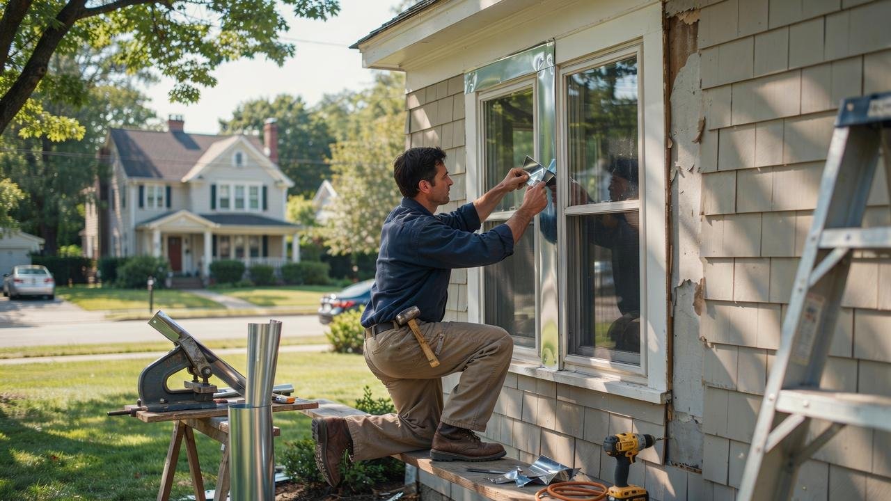 Homeowner installing aluminum window capping on a house window with old wood trim visible beside the finished aluminum trim.