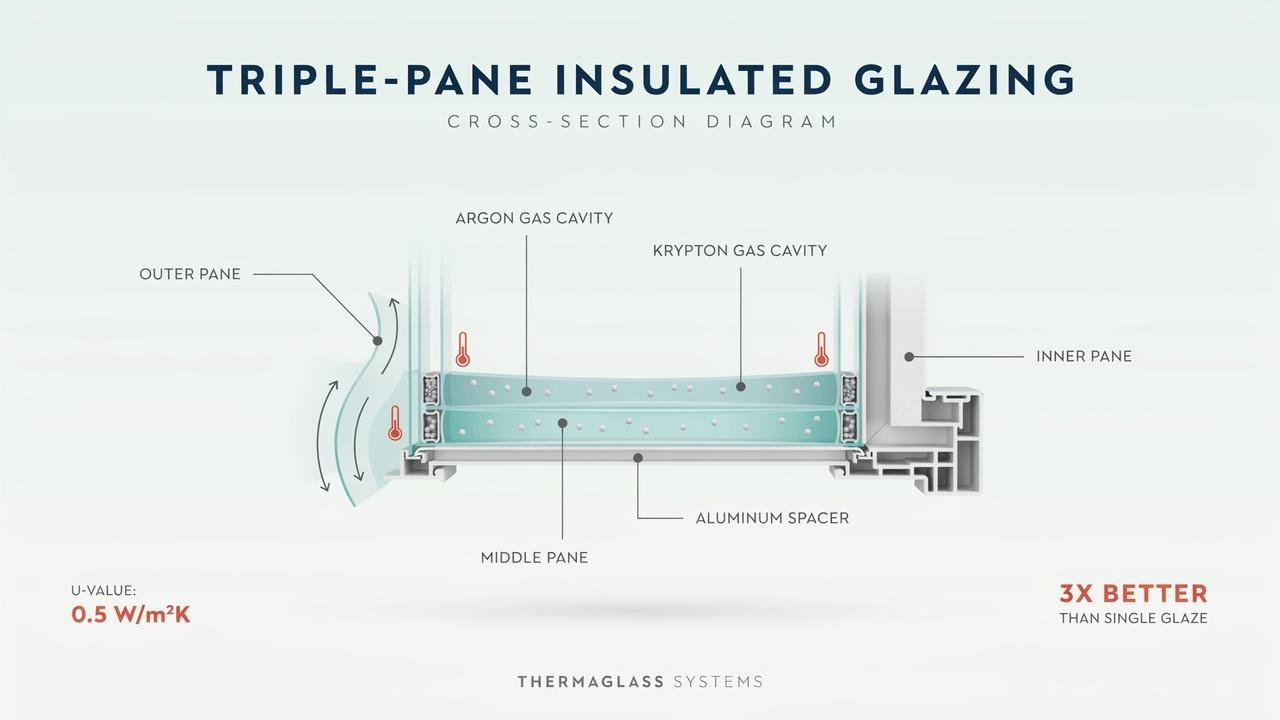 Triple glazing system with three layers of glass for insulation.