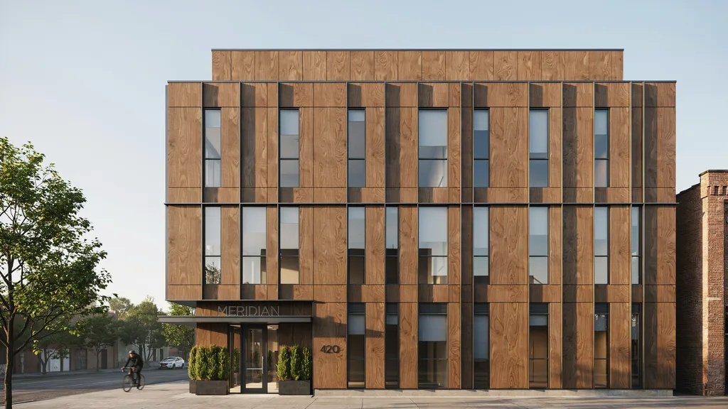 Contemporary building exterior using high-pressure laminate cladding panels.