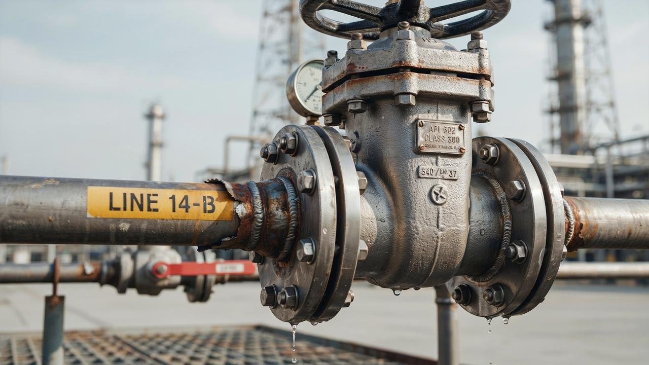 Industrial valve protected with weld overlay cladding operating in a harsh corrosive environment.