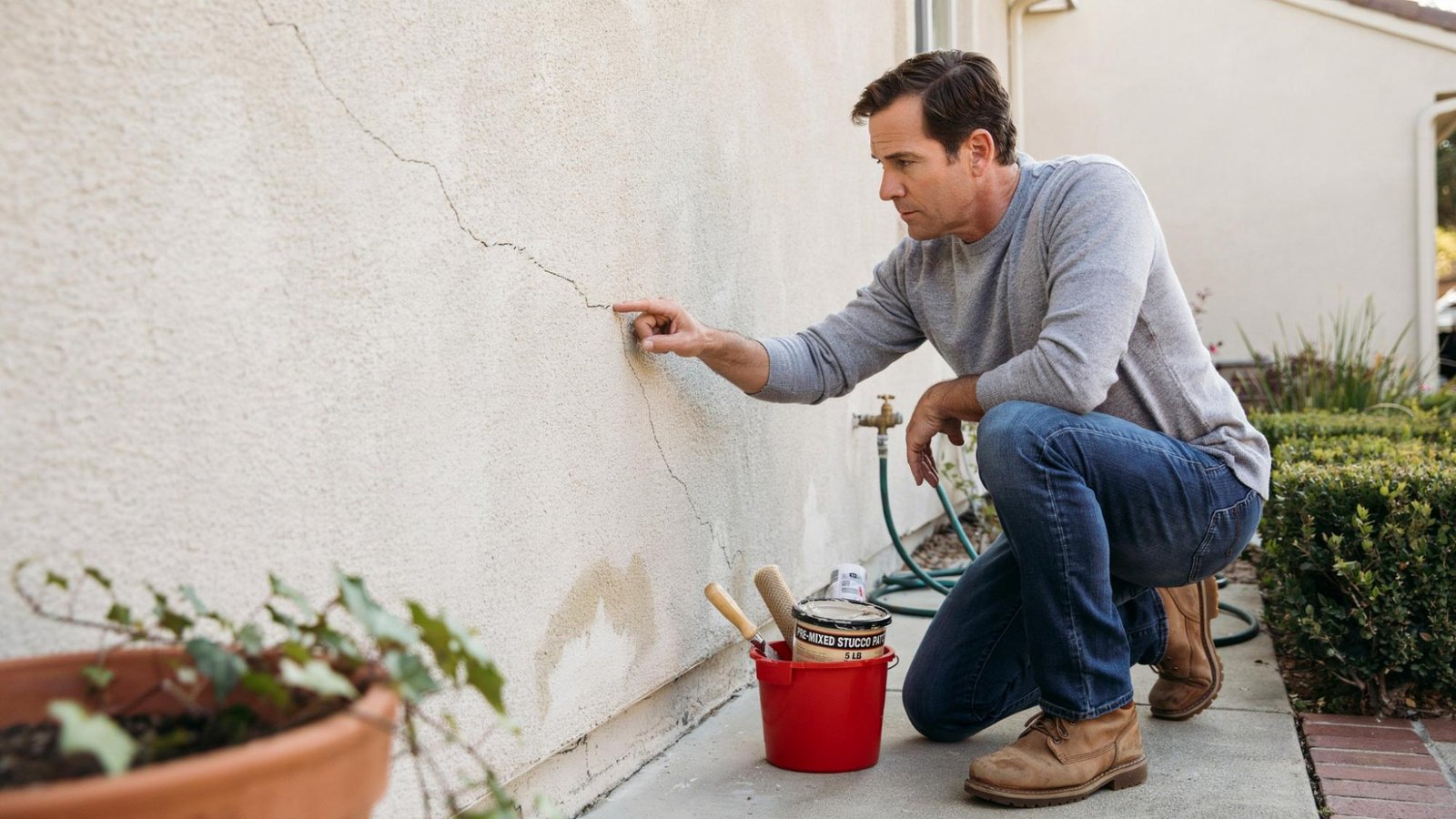 Homeowner checking a stucco wall for cracks and routine maintenance.