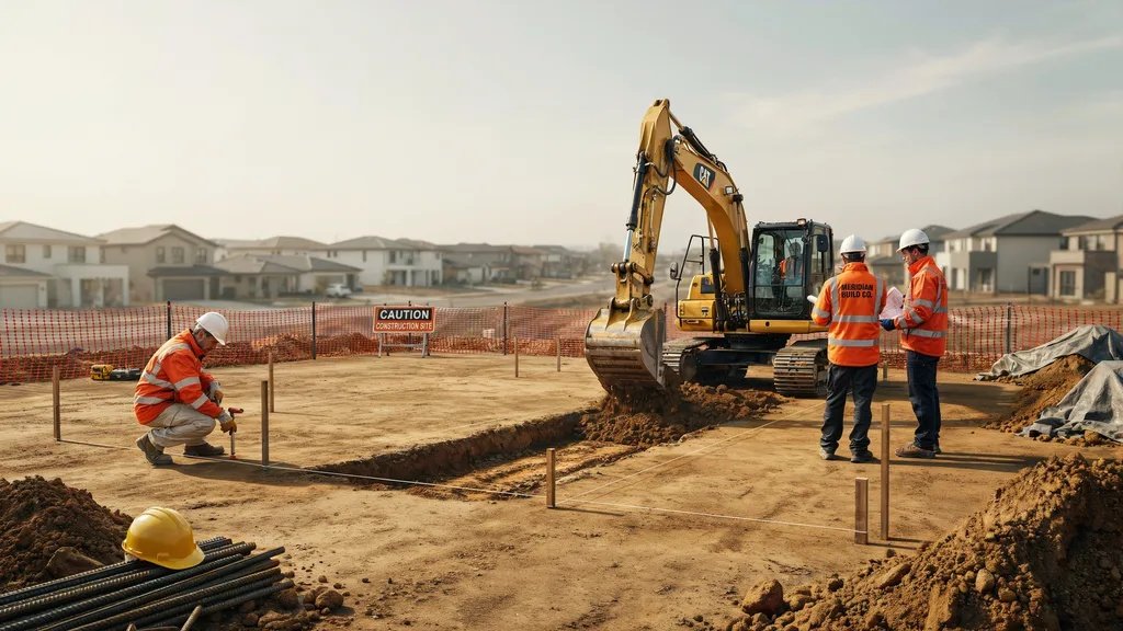 Excavation work being done on a cleared land site to prepare for home foundation construction.