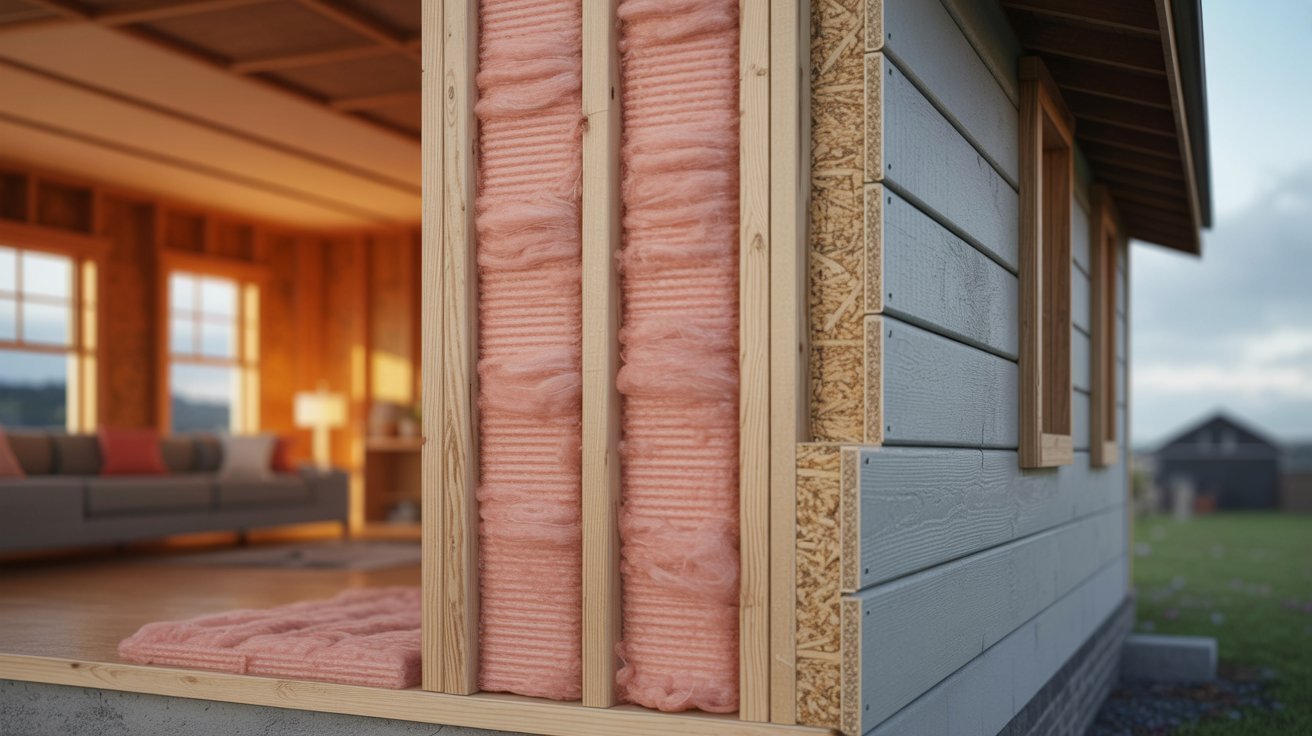 R13 insulation installed inside a residential exterior wall with standard 2x4 framing.