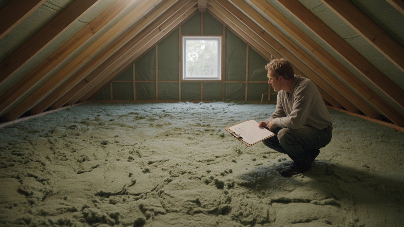 Large attic showing cellulose insulation installation.