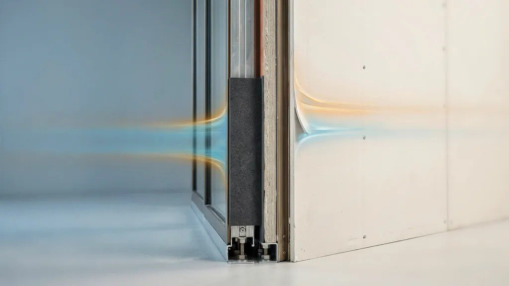 Building wall cross-section showing thermal break blocking heat flow