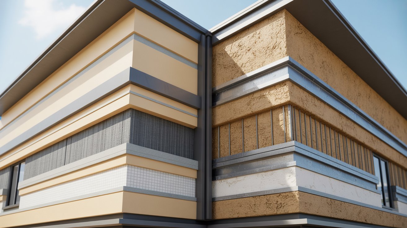 Comparison of EIFS and stucco showing insulation layers construction materials and exterior finishes.