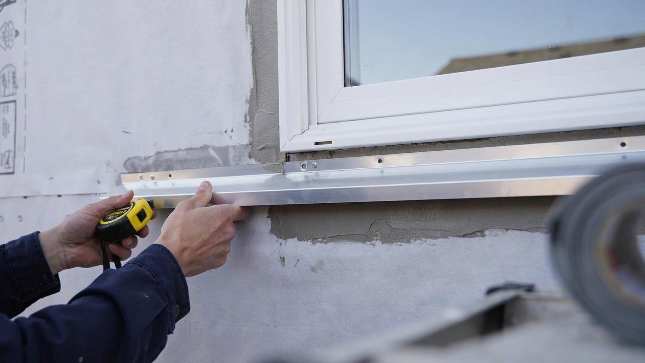 Installing the bottom piece of aluminum window capping.