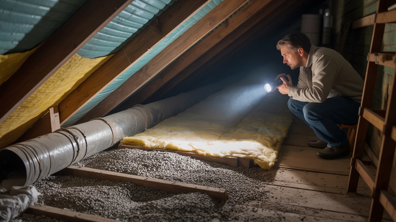 Homeowner inspecting old attic insulation that may contain asbestos in a residential property.